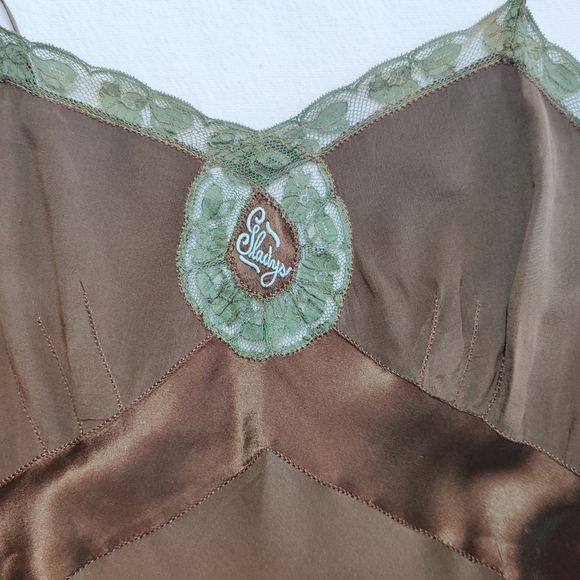 Vintage 1930-40s Vintage Bias Cut Silk/Lace Slip Dress  Brown/Sage Green Lace - Picture 4 of 13